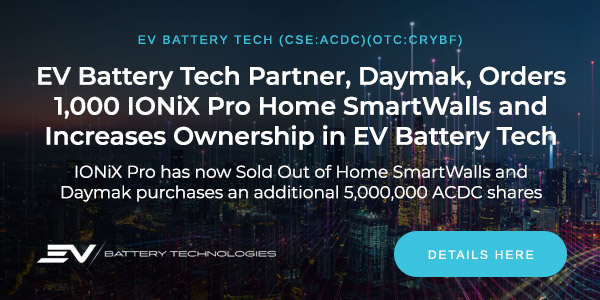 EV Battery Tech Partner, Daymak, Orders 1,000 IONiX Pro Home SmartWalls and Increases Ownership in EV Battery Tech