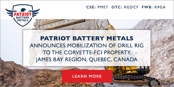 Patriot Battery Metals Announces Mobilization of Drill Rig to the Corvette-FCI Property, James Bay Region, Quebec, Canada