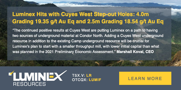 Luminex Hits with Cuyes West Step-out Holes: 4.0m Grading 19.35 g/t Au Eq and 2.5m Grading 18.54 g/t Au Eq