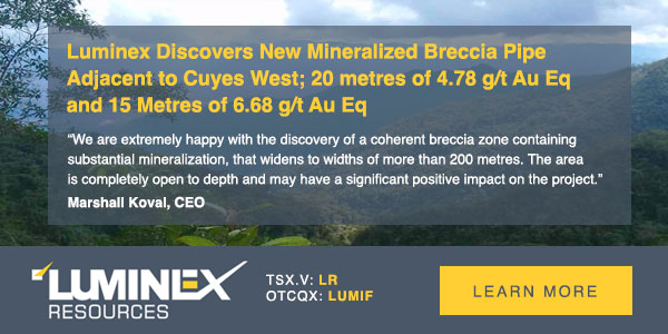 Luminex Discovers New Mineralized Breccia Pipe Adjacent to Cuyes West; 20 metres of 4.78 g/t Au Eq and 15 Metres of 6.68 g/t Au Eq