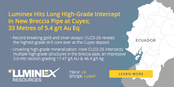 Luminex Hits Long High-Grade Intercept in New Breccia Pipe at Cuyes; 33 Metres of 5.4 g/t Au Eq